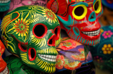 Decorated colorful skulls, ceramics death symbol at market, day of dead, Mexicoのeditorial素材