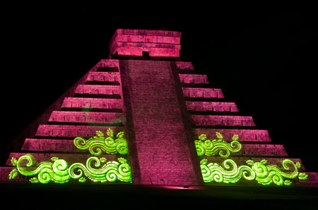 Chichen Itza, Mexico - October 25, 2016 : Light show on mayan pyramid in Chichen Itza, Mexico,のeditorial素材