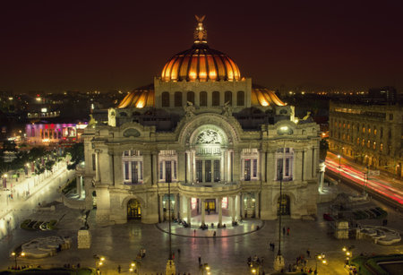 Mexico City, Mexico - November 14, 2016: Beautiful top view of Bellas artes at night, Mexico City, Mexicoのeditorial素材