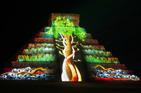 Chichen Itza, Mexico - October 25, 2016 : Light show on mayan pyramid in Chichen Itza, Mexico,のeditorial素材
