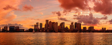 View of Financial District and Harbor at sunset in Boston, Massachusetts, USAの写真素材