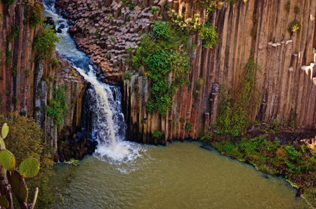 Basaltic Prisms of Santa Maria Regla. Tall columns of basalt rock in canyon, Huasca de Ocampo, Mexicoの写真素材