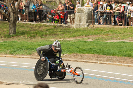 Boston, USA - April 17, 2017: Wheelchair racing contestants at annual marathon in Boston April 17, 2017のeditorial素材
