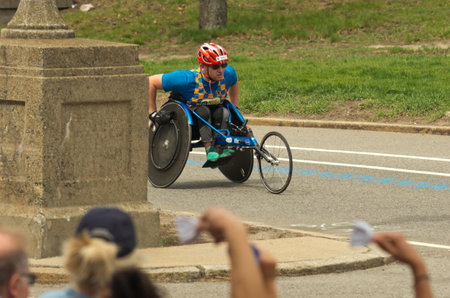Boston, USA - April 17, 2017: Wheelchair racing contestants at annual marathon in Boston April 17, 2017のeditorial素材