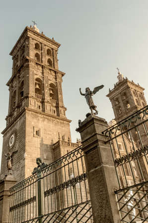 Detail of Puebla Cathedral in Puebla, Mexicoの写真素材