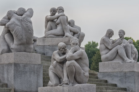 OSLO, NORWAY - SEPT 20:Statues in Vigeland park in Oslo, Norway on Sept 20, 2014. The most famous park in Norway created by sculptor Gustav Vigeland in the years 1907-1942.のeditorial素材