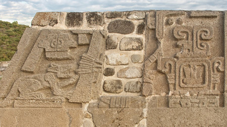 Temple of the Feathered Serpent in Xochicalco. Pre-Columbian archaeological site in Mexico.  UNESCO...
