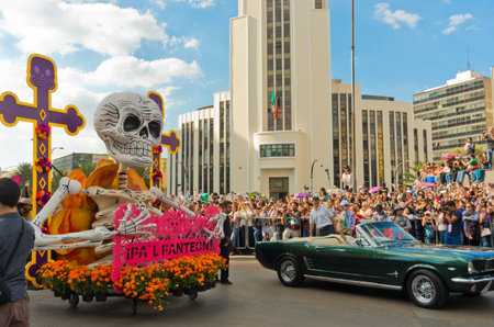 Mexico City, Mexico - October 29, 2016 : Day of the dead parade in Mexico city. The Day of the Dead...
