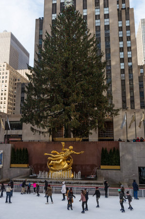 New York City - December 16, 2016: Ice skate at ice rink of Rockefeller Center in New York City, USAのeditorial素材
