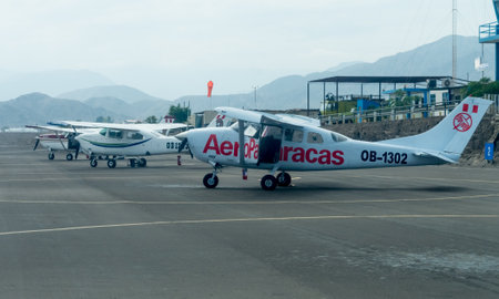 Nazca, Peru -13 April 2015: Tourist light aircraft in airport of Nazca, Peruのeditorial素材