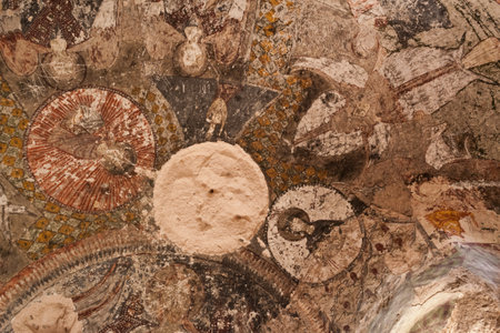Cappadocia, Turkey - April 29, 2016: Destroyed interior of Church of Three Crosses with early orthodox christian fresco in the Rose Valley in Cappadocia, Turkey, UNESCO World Heritage Siteのeditorial素材