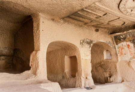 Cappadocia , Turkey - April 29, 2016:  Church of Three Crosses  with early orthodox christian fresco in the Rose Valley in Cappadocia, Central Anatolia, Turkey, UNESCO World Heritage Site のeditorial素材