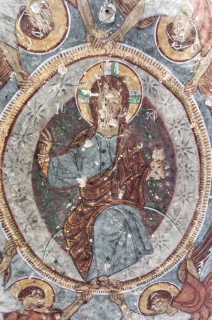 Cappadocia , Turkey - April 25, 2016: Destroyed interior of the Saint George Church with early ortodox christian fresco in Ihlara Valley in Cappadocia, Central Anatolia, Turkeyのeditorial素材