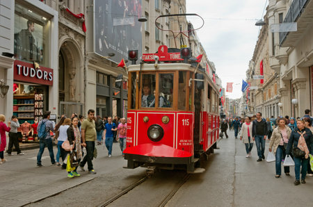 Istanbul,Turkey- April 23: Istanbul nostalgic tramways on Istiklal Avenue on April 23, 2016 in Istanbul,Turkey.のeditorial素材