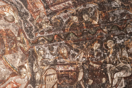 Cappadocia , Turkey - April 29, 2016: Destroyed interior of Ayvali Church with early ortodox christian fresco in the Rose Valley in Cappadocia, Central Anatolia, Turkey, UNESCO World Heritage Siteのeditorial素材