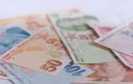 Turkish lira banknotes. close up money backgroundの写真素材