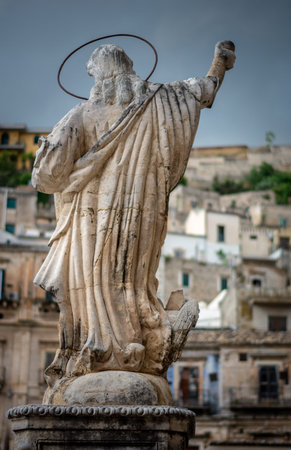 View of the ancient town Modica and sculptures of the church or Dome of San Pietro (Saint Peter) ,Sicily, Italyのeditorial素材