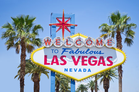 Las Vegas sign on bright sunny day, Nevada, USAのeditorial素材