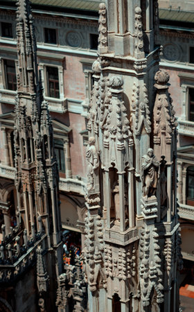 Outside decoration statues of Milan Cathedral (Duomo di Milano), Metropolitan Cathedral-Basilica of the Nativity of Saint Mary. Arieal view. Italyのeditorial素材