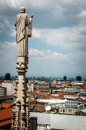 Outside decoration statues of Milan Cathedral (Duomo di Milano), Metropolitan Cathedral-Basilica of the Nativity of Saint Mary. Arieal view. Italyのeditorial素材