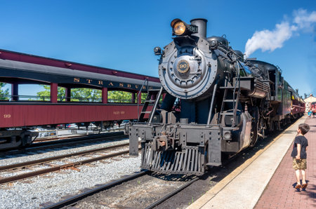 Strasburg, PA, USA -July 7, 2018: Strasburg Rail Road. Steam train at the station in Lancaster...