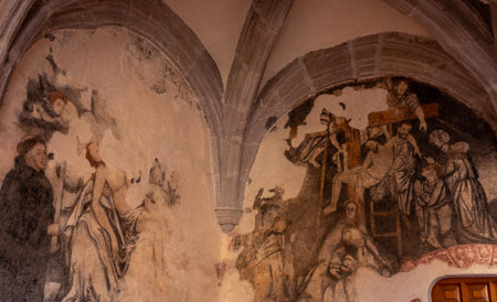 Malinalco, Mexico - 18 November, 2016: Fresco in ex-monastery of the Divino Salvador (Convento Agustino de la Transfiguracion) was built between 1540 and 1560.のeditorial素材