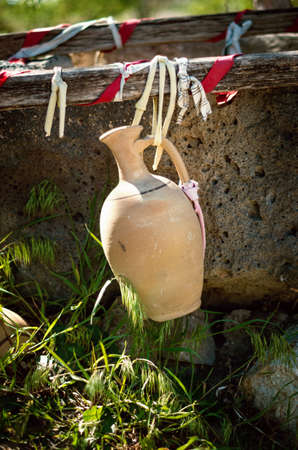old ceramic jugs , rural landscape ,in Cappadocia, Turkeyの写真素材