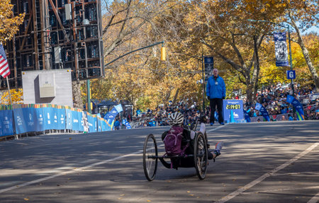 New York, USA - November 4, 2018: Wheelchair division participants during Annual New York City Marathonのeditorial素材