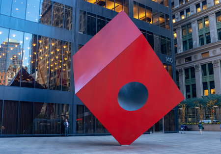 New York, USA - Oct 31, 2018: Red Cube by artist Isamu Noguchi is Public Art situated in NYC's financial district.のeditorial素材