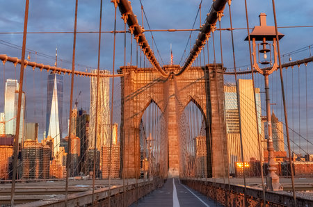 Brooklyn Bridge during sunrise in New York. USA