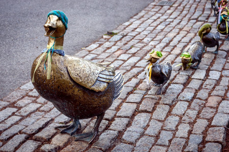 Boston, MA, USA - May 4, 2017: Bronze sculpture of Make Way for Ducklings in the Boston Public...