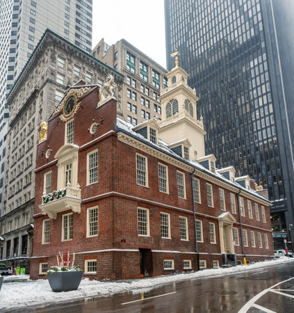 Boston, MA, USA - December 17, 2016: Old State House and the skyscrapers of the Financial District in Boston, Massachusetts, USAのeditorial素材