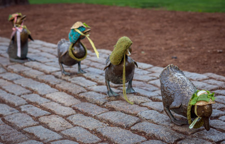 Boston, MA, USA - May 4, 2017: Bronze sculpture of Make Way for Ducklings in the Boston Public...