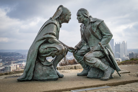 Pittsburgh, Pennsylvania, USA - November 25, 2018: Point of View. The bronze depicts George Washington and the Seneca leader Guyasuta meeting in 1770.のeditorial素材