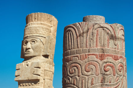 Toltec Warriors columns on Pyramid of Quetzalcoatl (Morning Star) in Tula - Mesoamerican...