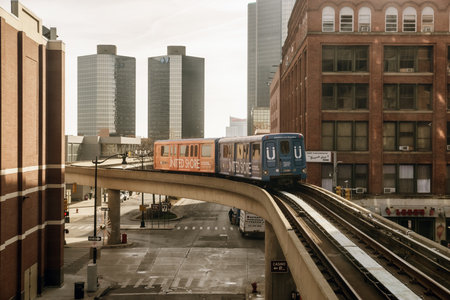 Detroit, Michigan, USA - November 23, 2018: The Detroit People Mover (DPM) is a 2.94-mile automated people mover system which operates on a single track, and encircles Downtown Detroit, Michigan.のeditorial素材