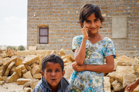 Jaisalmer, India - September23, 2013: Portrait of unidentified children in Jaisalmer, India.のeditorial素材
