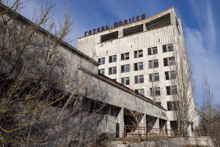 Chernobyl Exclusion Zone, Ukraine - February 23, 2019: Abandoned building in Pripyat city, Chernobyl...