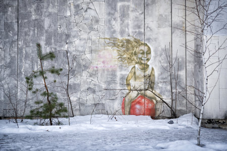 Chernobyl Exclusion Zone, Ukraine - February 23, 2019: Graffiti Abandoned building in Pripyat city, Chernobyl Exclusion Zone, Ukraineのeditorial素材