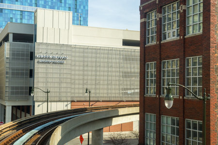 Detroit, Michigan, USA - November 23, 2018: The Detroit People Mover (DPM) is a 2.94-mile automated people mover system which operates on a single track, and encircles Downtown Detroit, Michigan.のeditorial素材