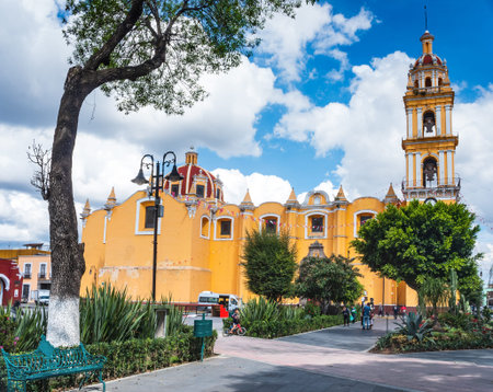 Cholula, Puebla, Mexico - November 12, 2016: Church of San Pedro Apostol in Cholula, Puebla, Mexico