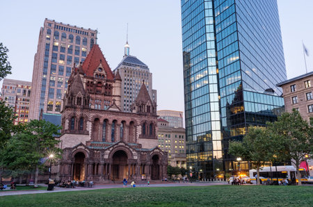 Boston, MA, USA - August 26, 2016: View of Trinity Church and the John Hancock Building at night, at Copley Square in Bostonのeditorial素材