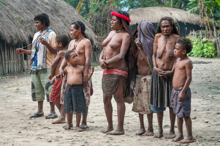 Papua Province, Indonesia -December 28, 2010: The women of a Papuan tribe in traditional clothes and coloring at New Guinea Islandのeditorial素材