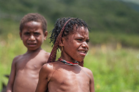 Papua Province, Indonesia -December 28, 2010: The children of a Papuan tribe at New Guinea Islandのeditorial素材