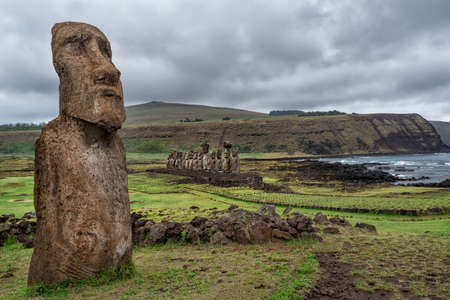 Moai statues - Ahu Tongariki is the largest ahu on Easter Island at sunrise, Chileの写真素材