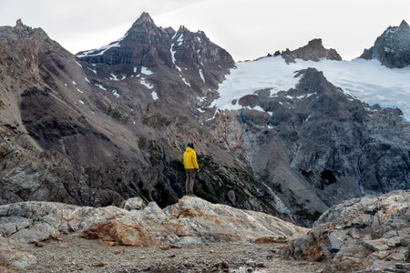Hiker enjoy beautiful view of mountain landscape. Fitz Roy, Patagonia, Argentina