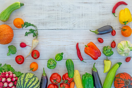 vegetables on white wooden background
