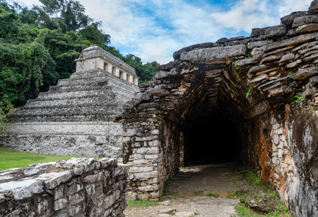 View of the archaeological site of Palenque, Mexicoのeditorial素材