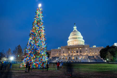 US Capitol Building at night during christmas time in Washington, DCの写真素材
