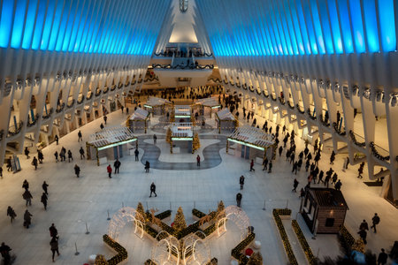 New York, December 2019: Christmas tree and holiday decorations in The Oculus transportation hub at World Trade Center, New York city, USAのeditorial素材